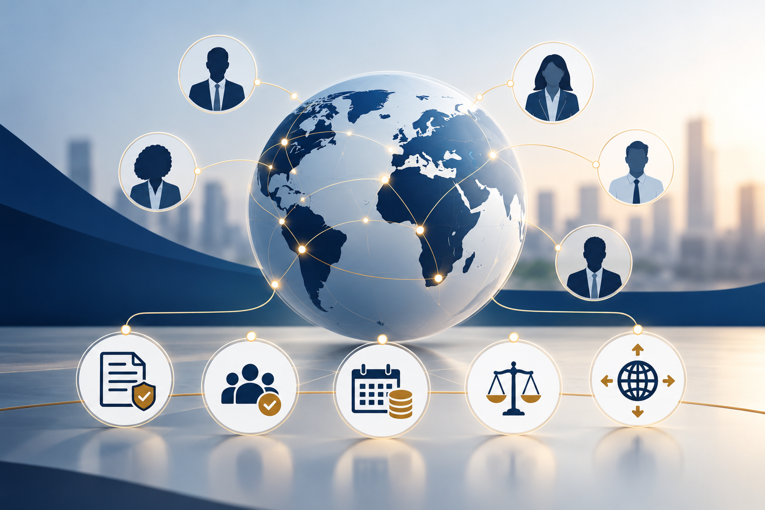 Globe connected by a network of people representing global HR