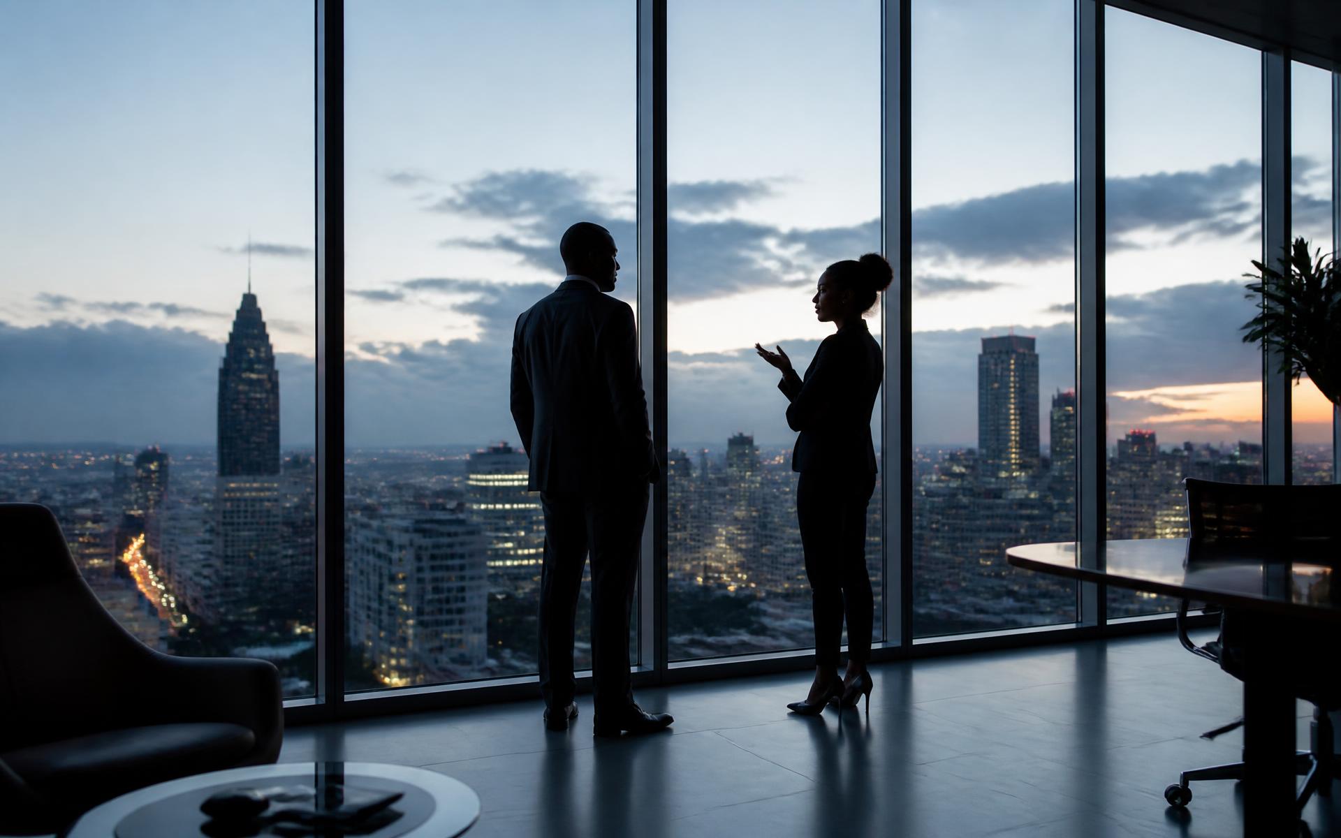 Two executives in conversation in a modern boardroom overlooking a city skyline at dusk