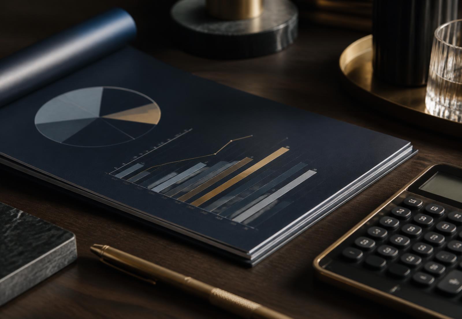Financial report and calculator on a dark desk, representing payroll administration