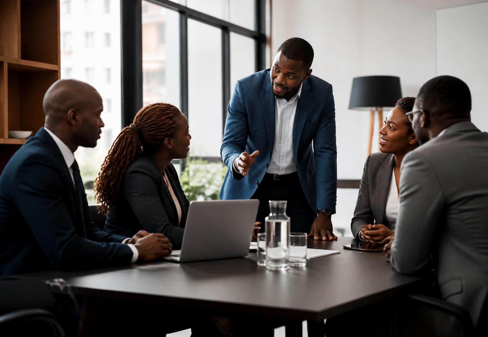 Business professionals in discussion around a table in a modern Accra office